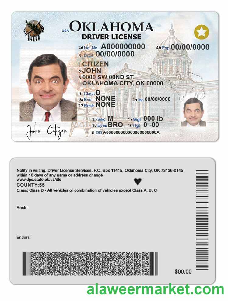 USA Oklahoma driving license template in PSD format, fully editable (2020 - present)